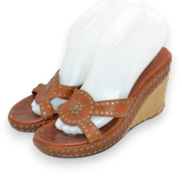 ASH Gold Studded Stud Rust Brown Tan Leather Sandals Espadrilles Wedges 38 7-7.5 - Picture 1 of 11